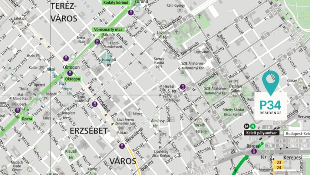 A P34 Társasház elhelyezkedése és a környék metróhálózata Erzsébetvárosban