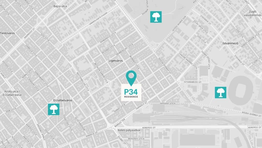 Parkok és zöldterületek a P34 Társasház környékén